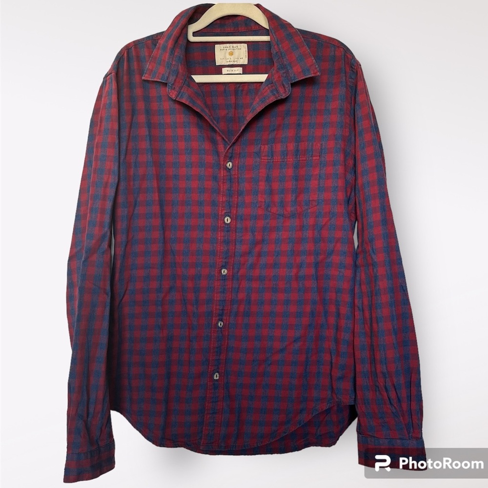 Zara Man Slim Fit Flannel Plaid Button Down Shirt, Red/Blue, Size Large